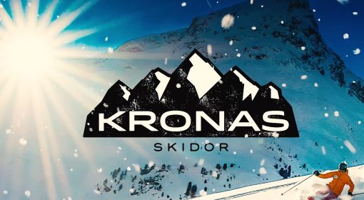 Logotype för Kronas Skidor snö och en skidåkare i orange jacka