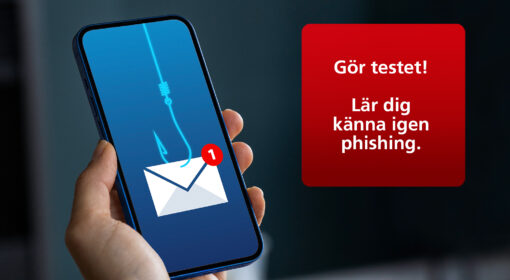 Mobiltelefon med krok - Simulerade phishingmail och phishingattacker. Lär dig känna igen phishing.